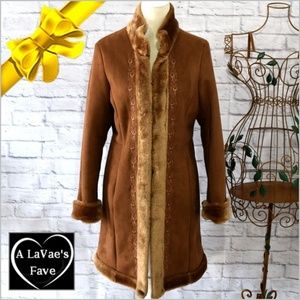 New York & Company Brown Faux Fur Trim Coat